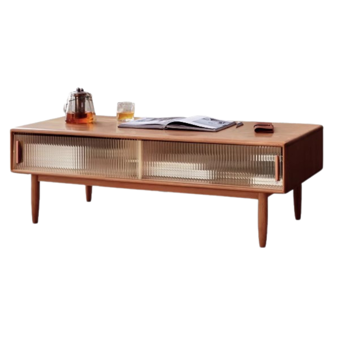 Beech Solid Wood Glass Sliding Door Coffee Table