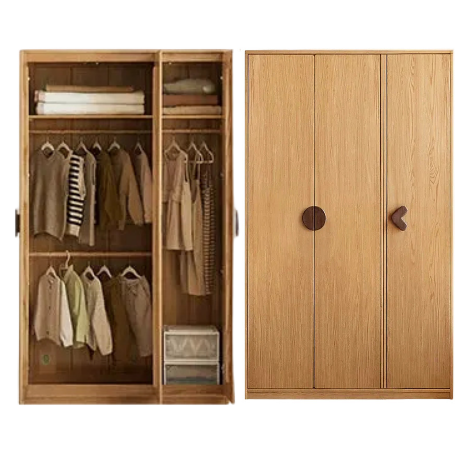 Oak Solid Wood Kids Wardrobe Armoire with Open Shelf and Drawer Combo