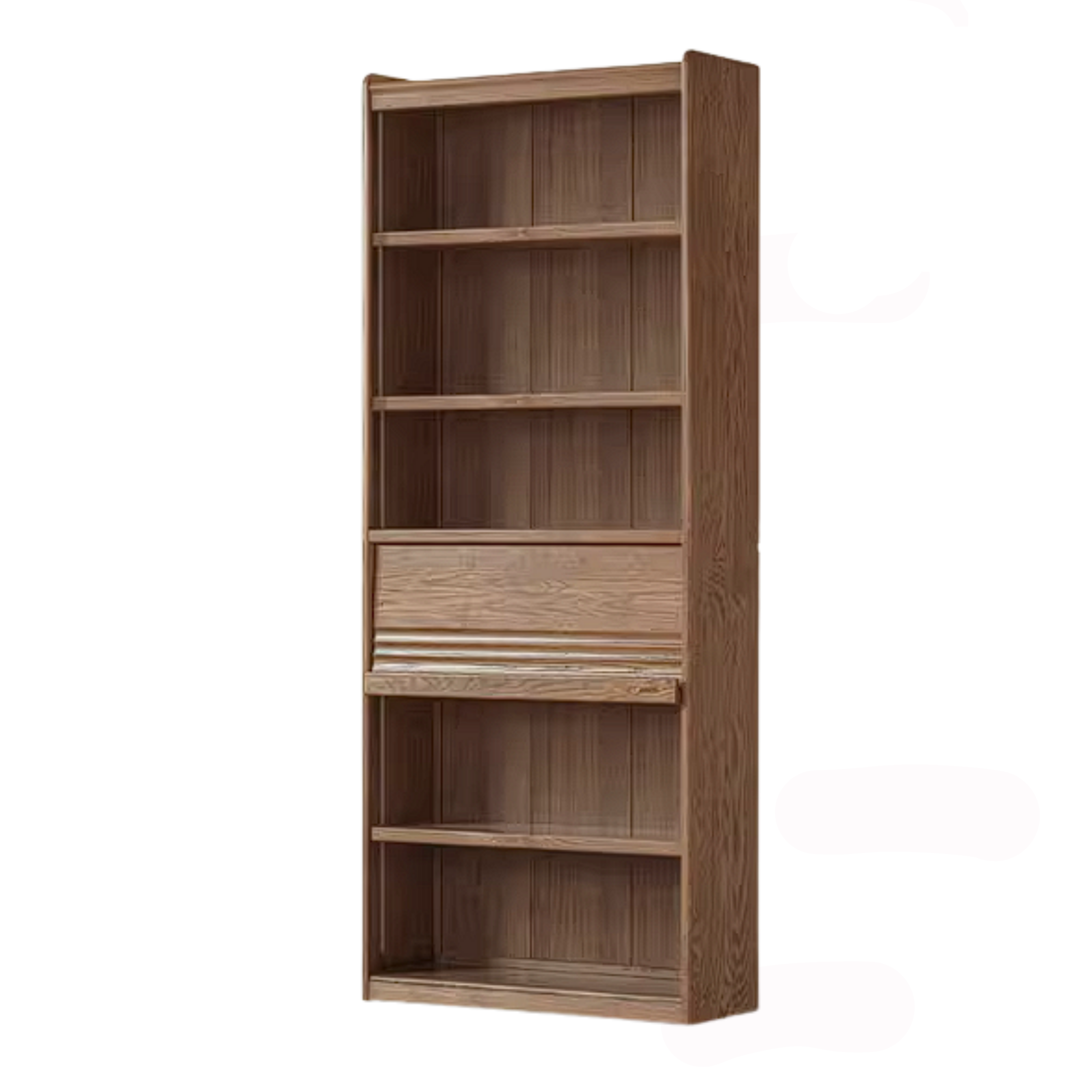 Ash Solid Wood Bookcase with Built In Bench Seat and Storage Drawer, Display Cabinet