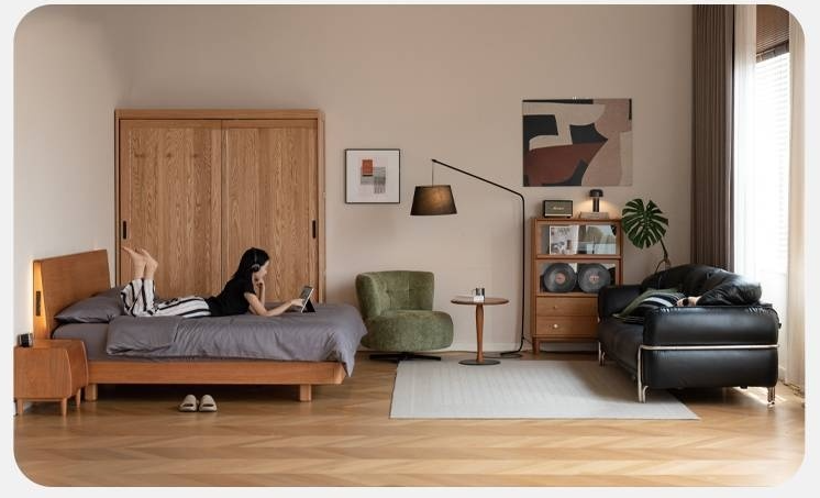 Cherry Solid Wood Suspended Bed with Light