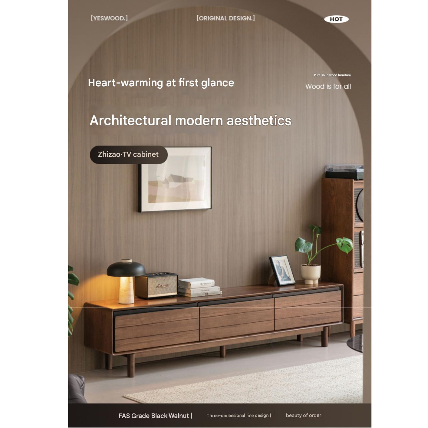 Black Walnut, Oak Solid Wood Floor Modern TV Cabinet.