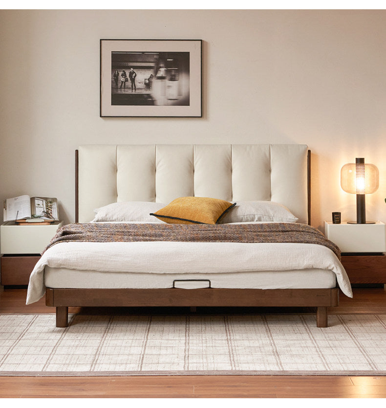 Rubberwood Solid Wood Italian Style Bed with Leather Headboard and Soft Goose Down Cushion