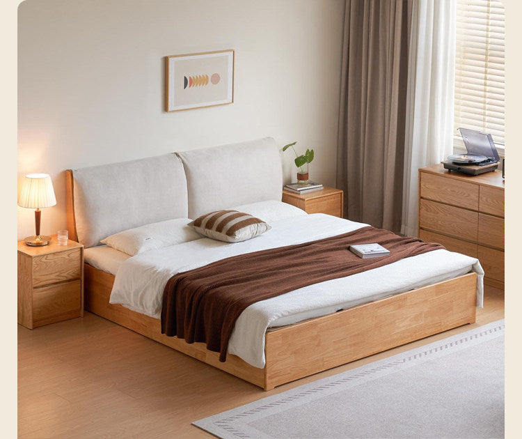 Rubberwood Solid Wood Storage Bed with Lift-Up Base and Soft Upholstered Headboard