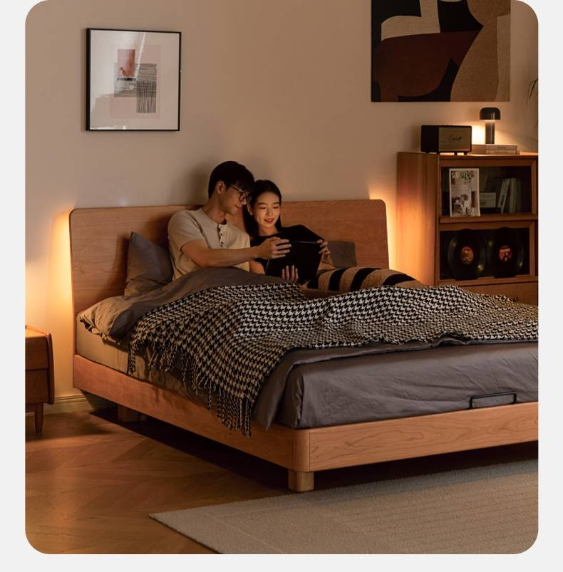 Cherry Solid Wood Suspended Bed with Light