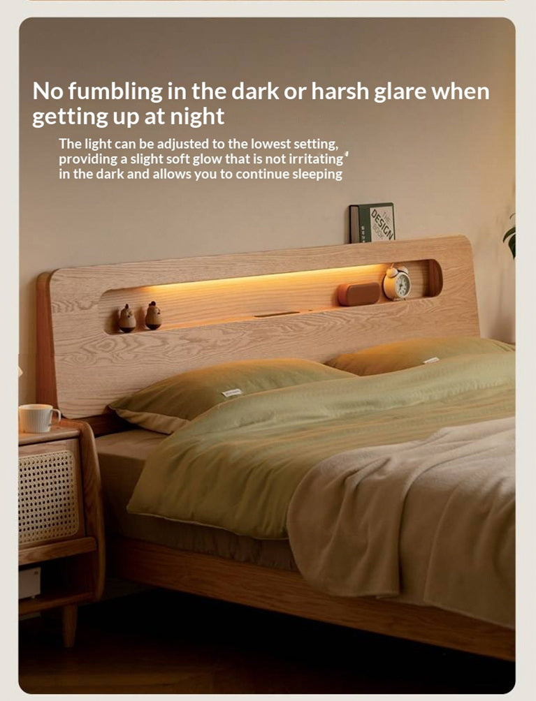 Oak Solid Wood Bed — Nordic Style with Socket and Storage