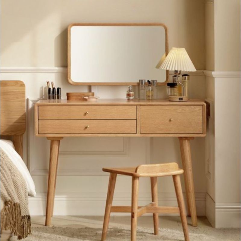 Oak Solid Wood Modern Dressing Table With Mirror.