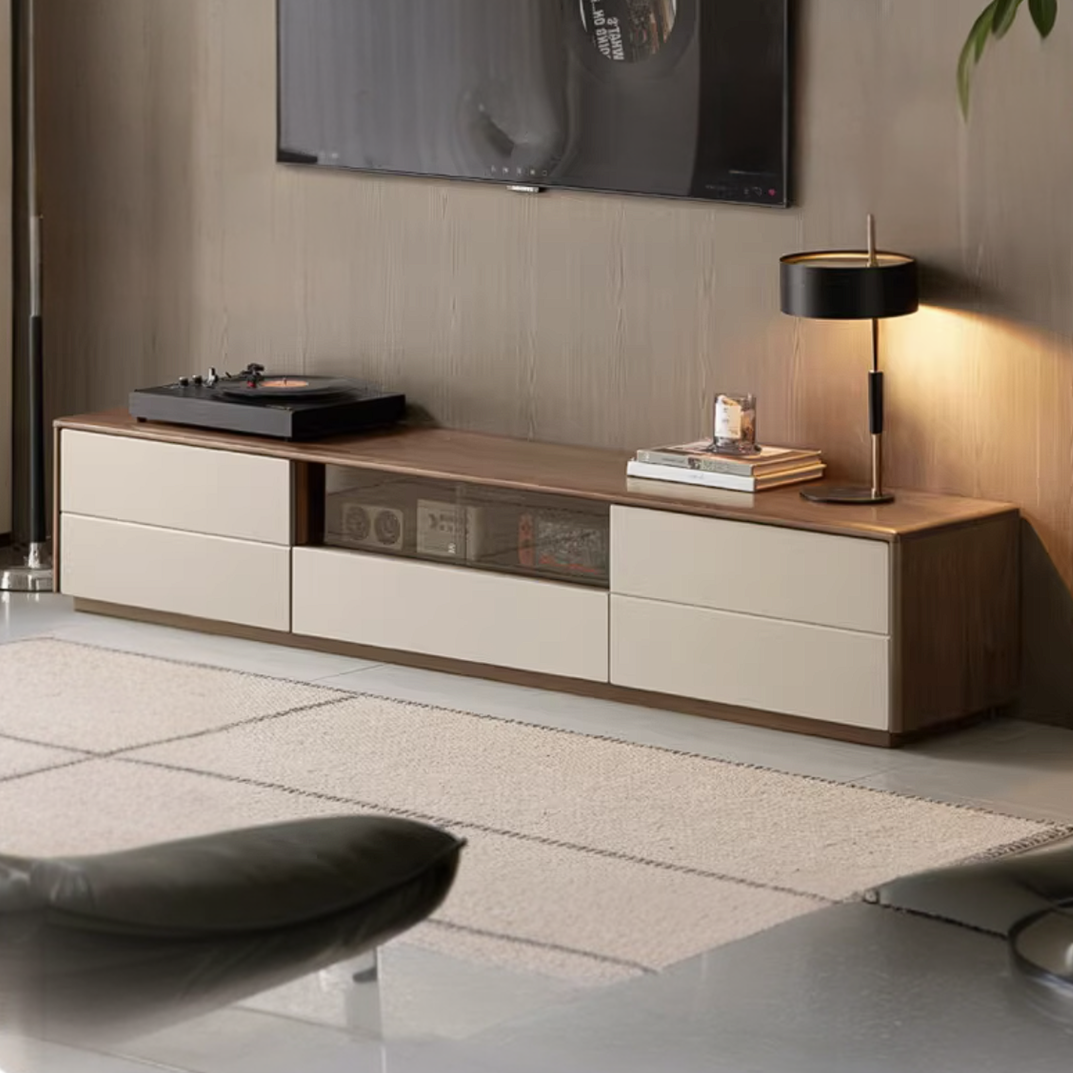 Black Walnut Solid Wood Low Profile TV Stand, Italian Modern Color Block Media Console with Storage