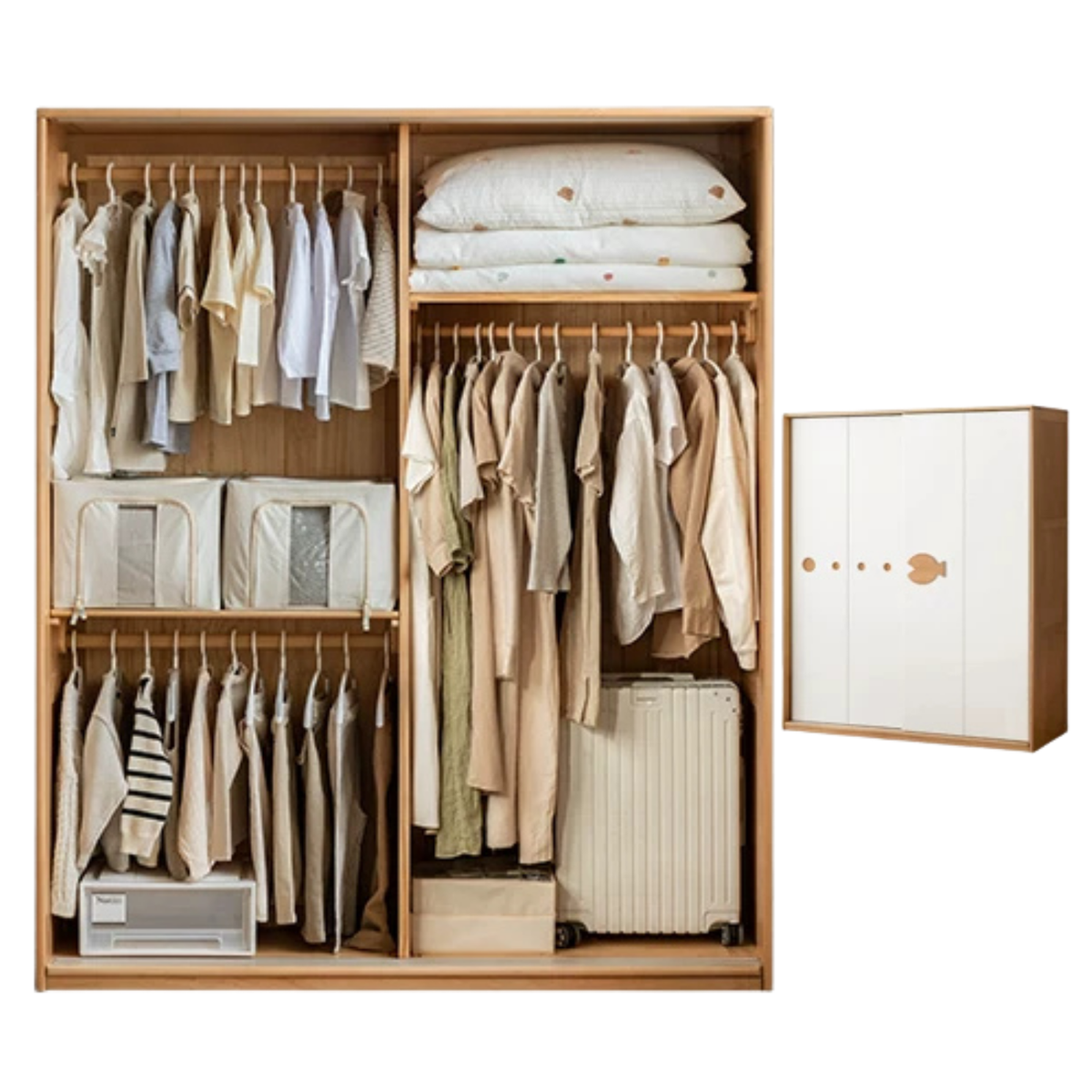 Beech Solid Wood Kids Sliding Door Wardrobe with Adjustable Shelves