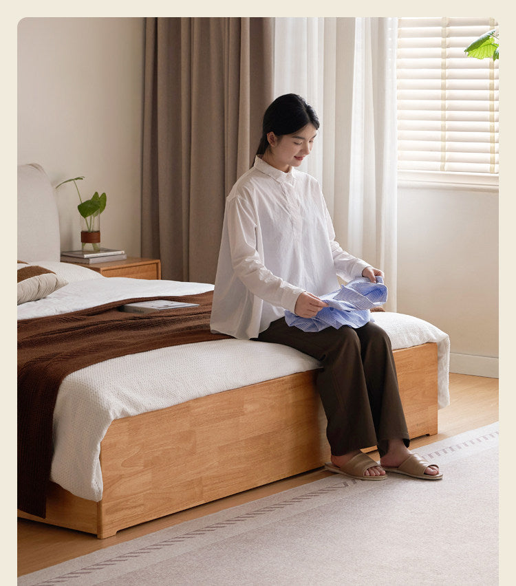 Rubberwood Solid Wood Storage Bed with Lift-Up Base and Soft Upholstered Headboard