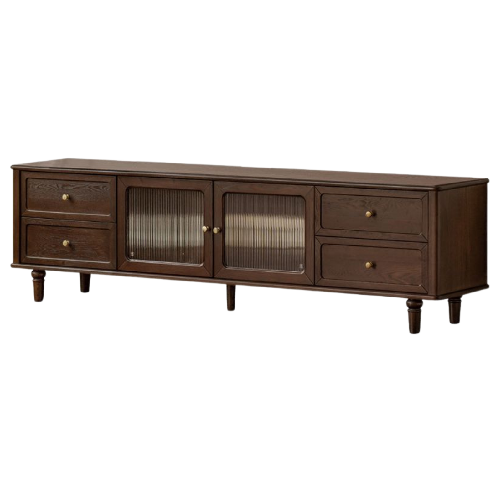 Ash Solid Wood Vintage TV Console with Fluted Glass Doors