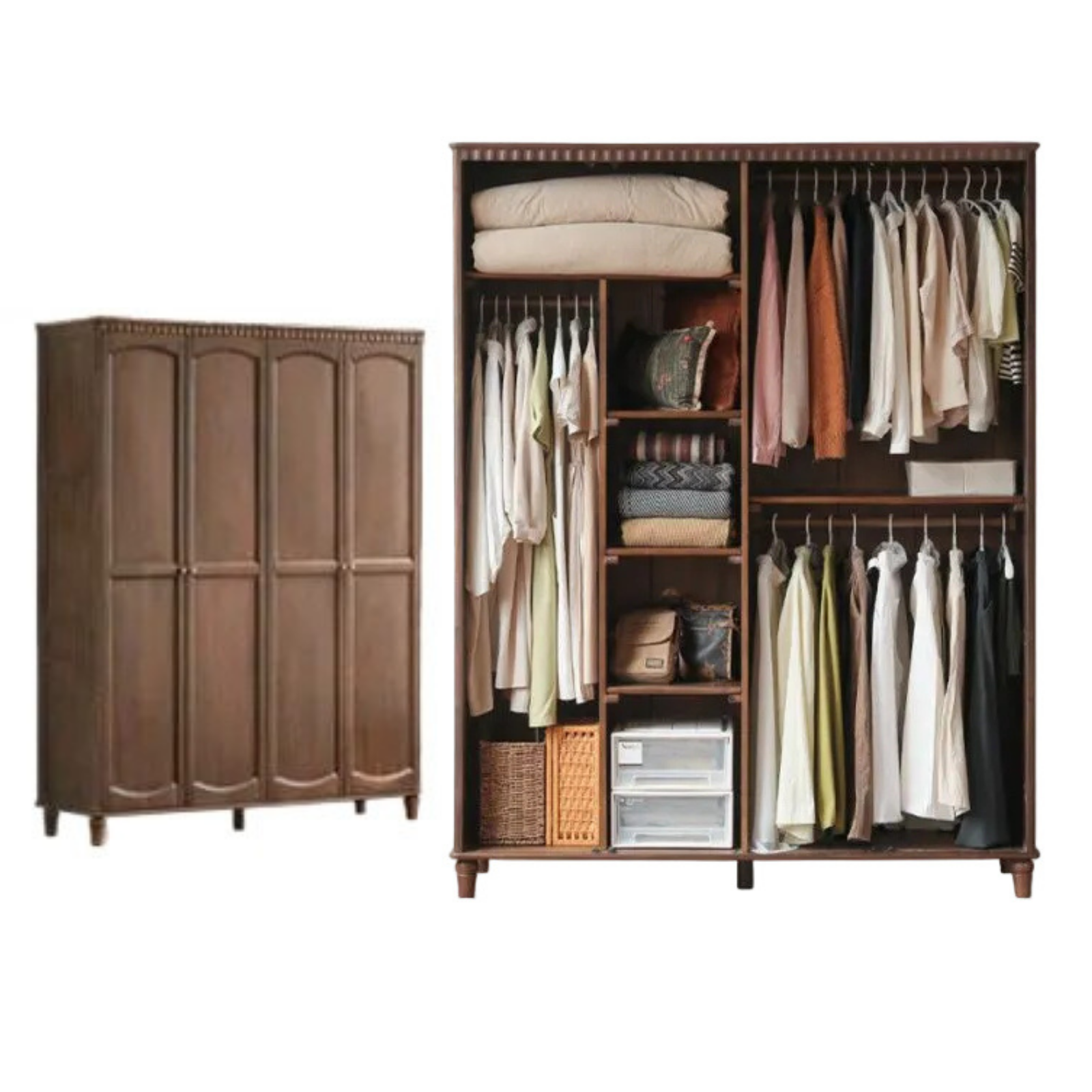 Black Walnut Solid Wood Wardrobe with American Retro Style and Light Luxury Finish