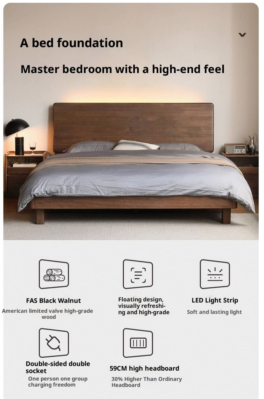 Black Walnut, Teak Solid Wood Bed with High Headboard