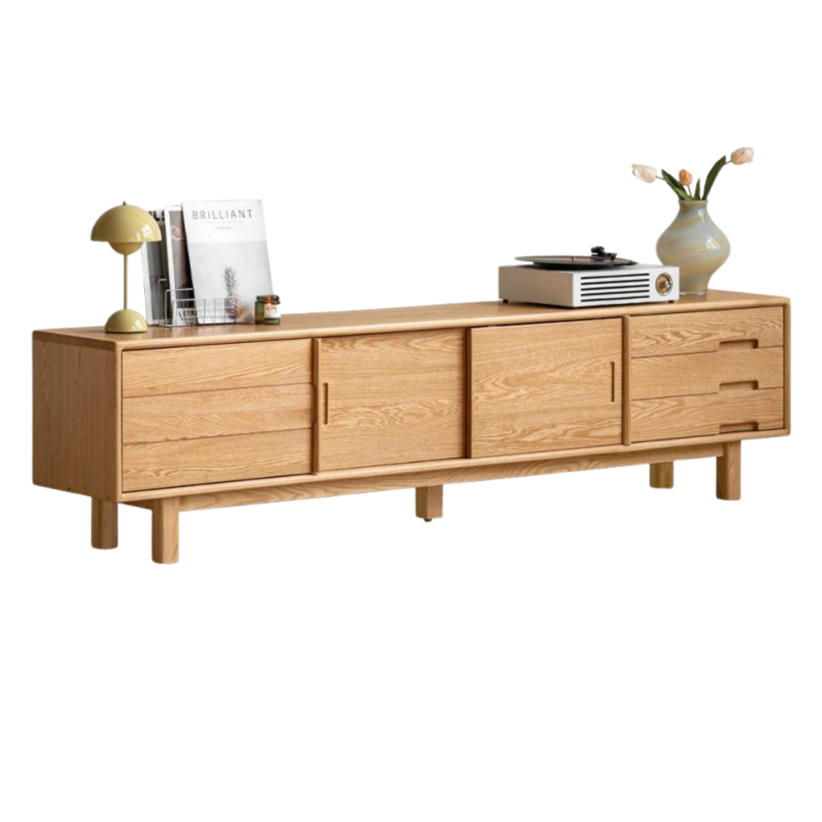 Oak Solid Wood TV Console with Ribbed Sliding Doors and Open Shelving