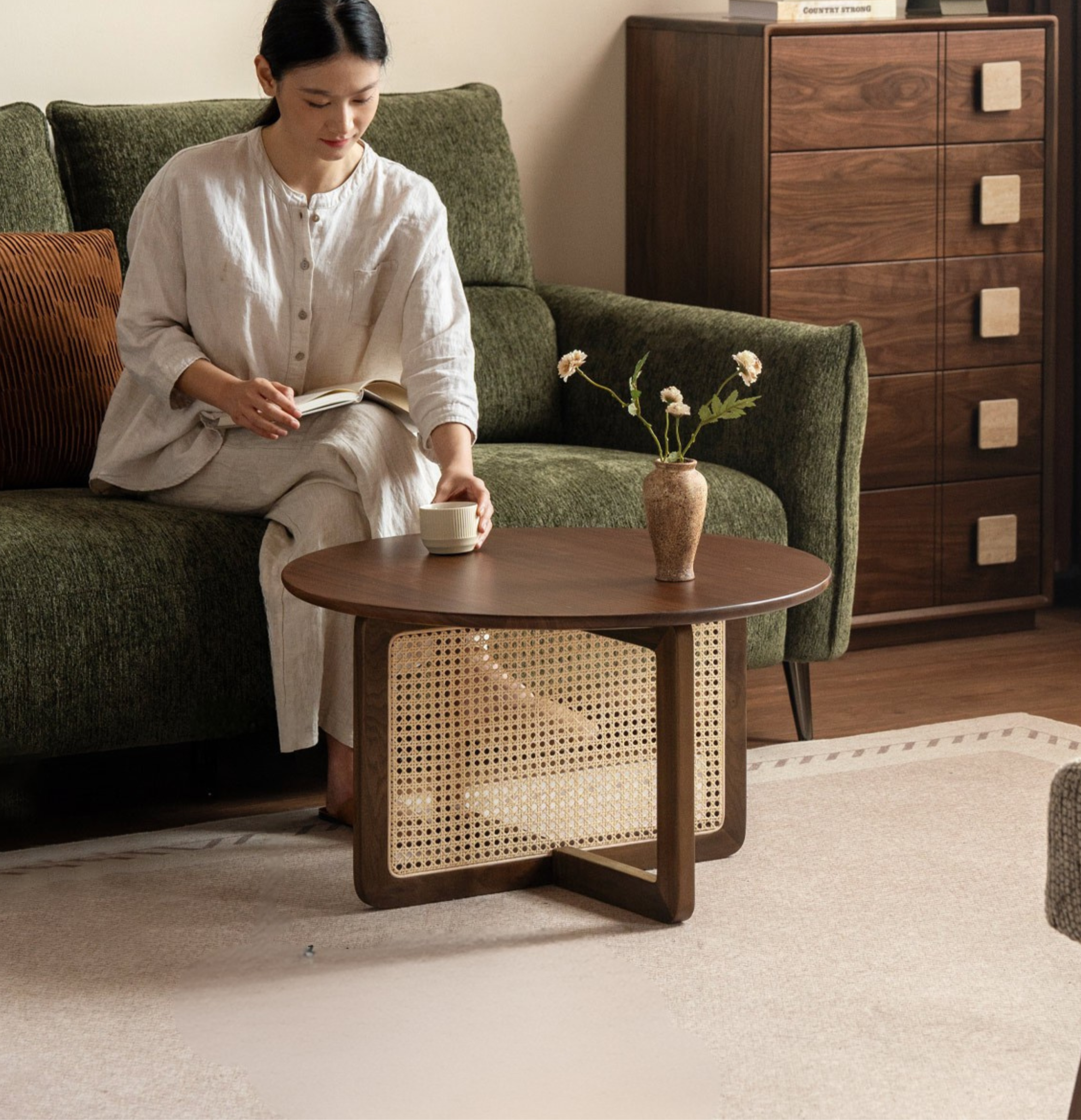 Black Walnut, Oak Solid Wood Rattan Modern Coffee Table