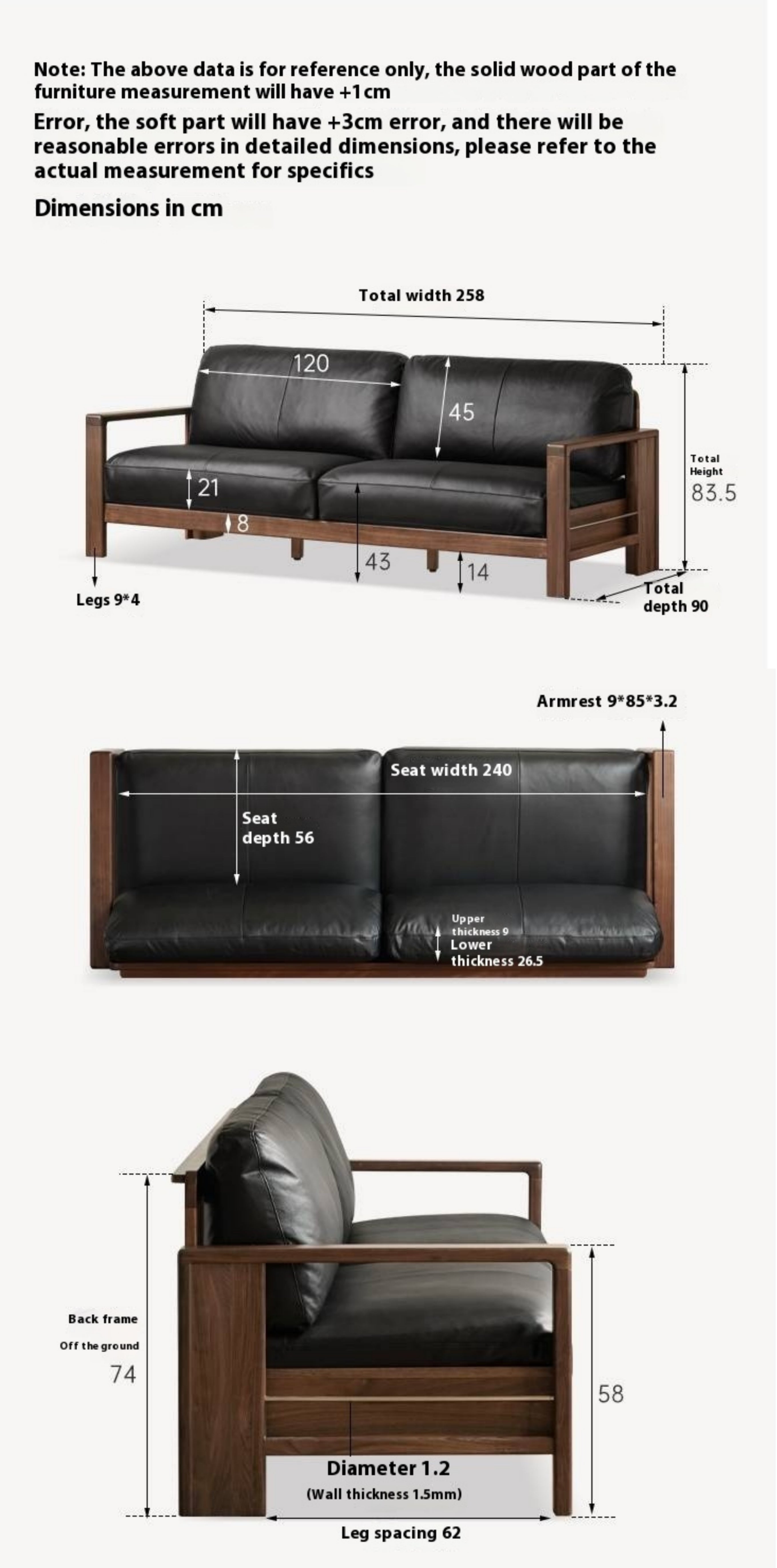 Black Walnut Solid Wood Leather Sofa