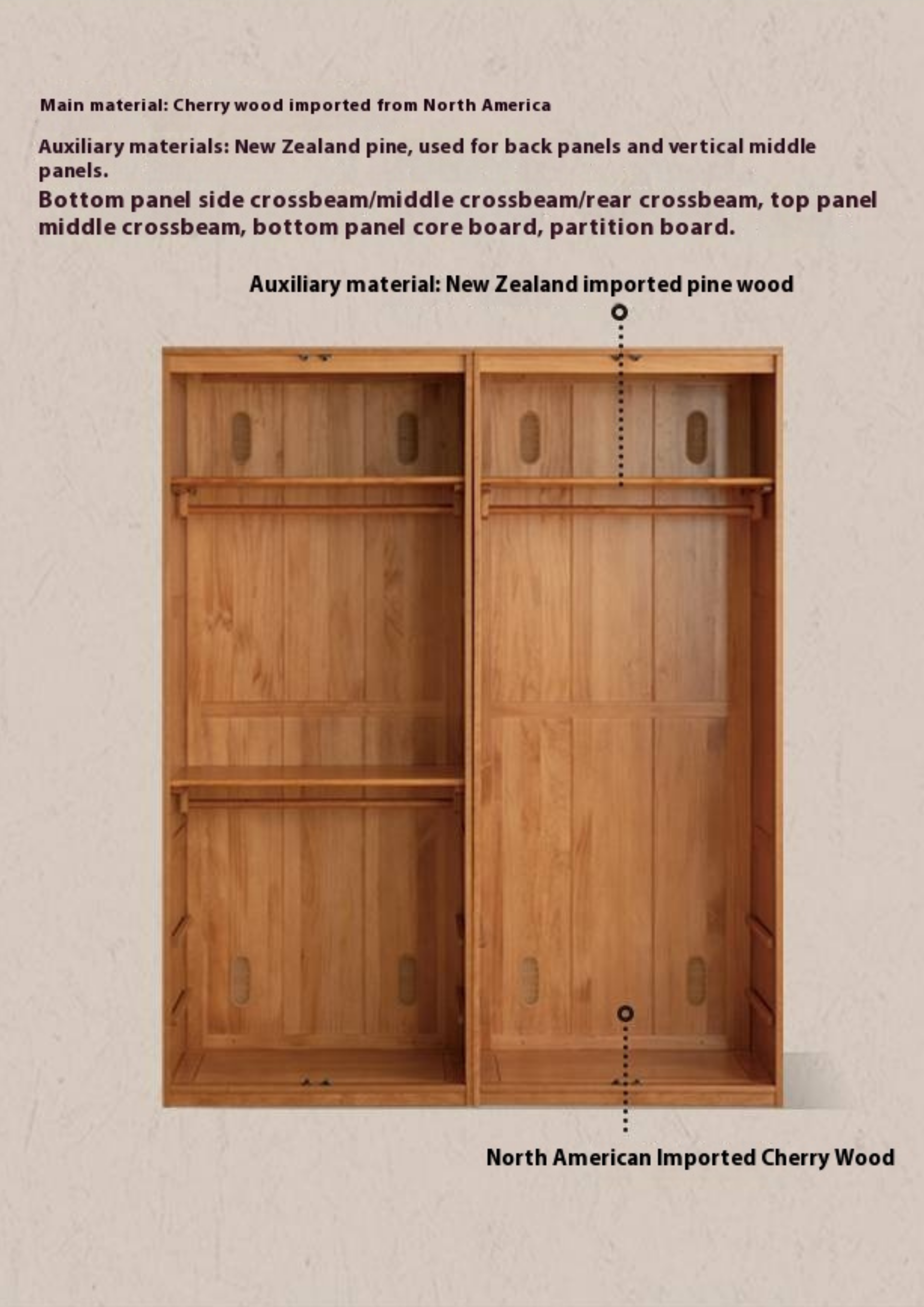 Cherry Solid Wood Retro Rattan Wardrobe