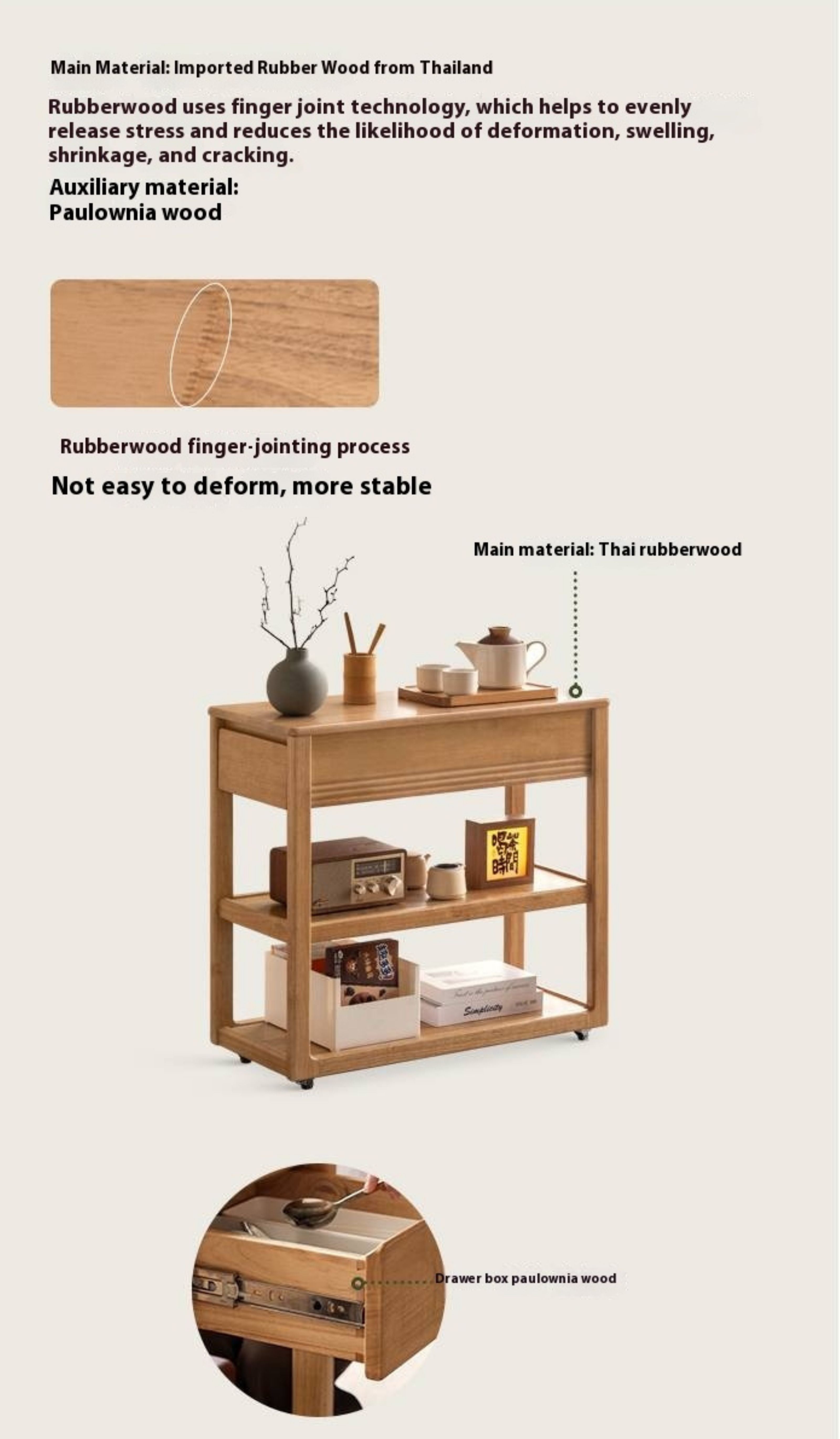 Solid Rubberwood Movable Tea Cabinet.