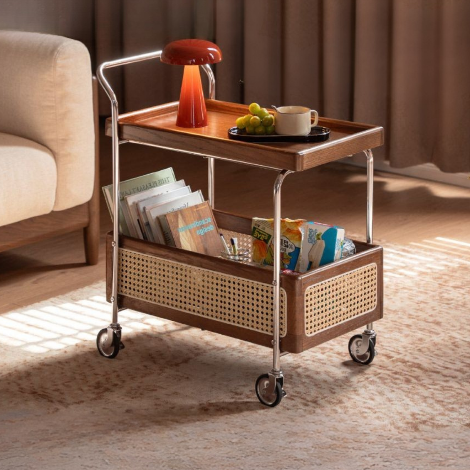 Oak Solid Wood Side Table with Double Layer Storage and Mobile Trolley