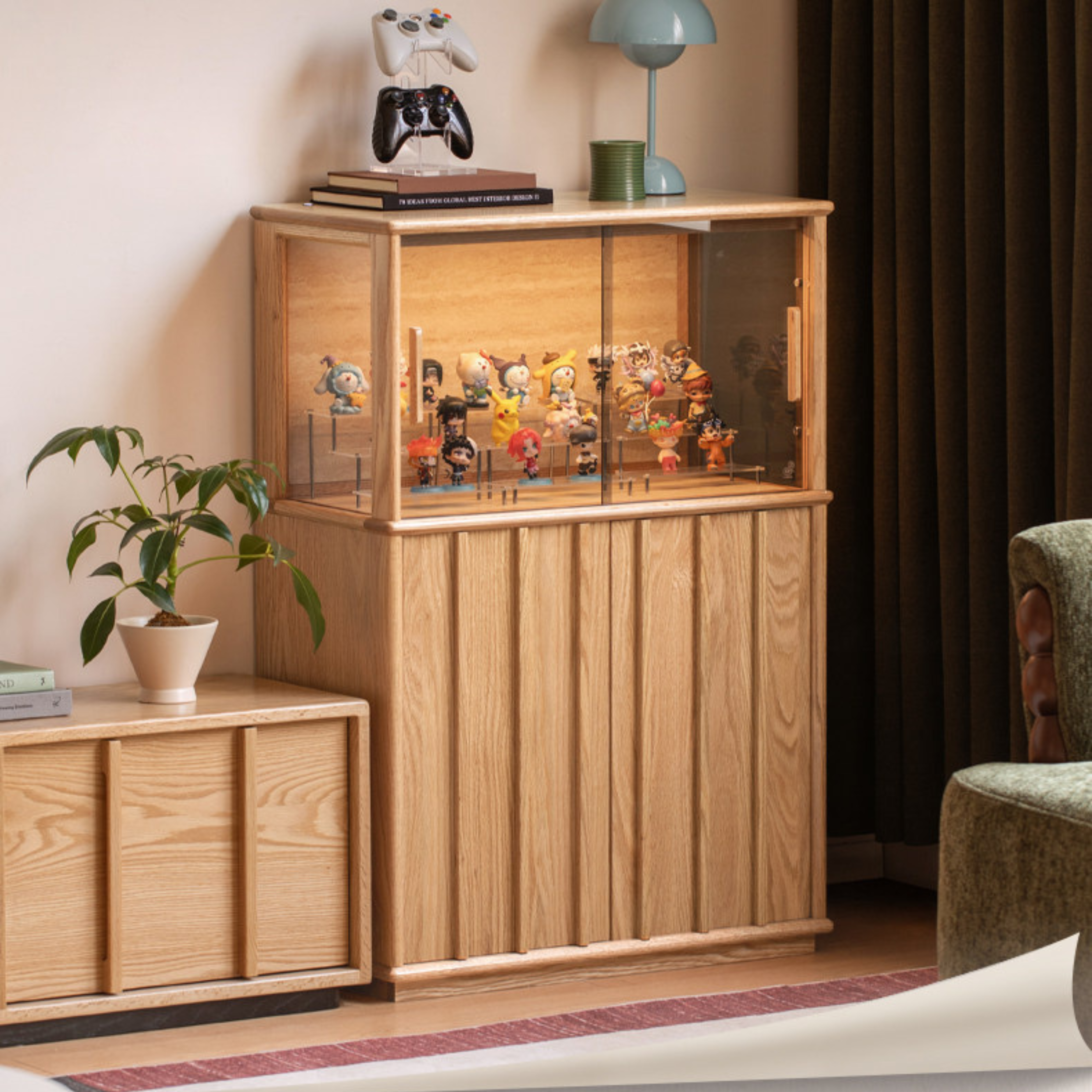 Oak Solid Wood Lighted Display Cabinet with Glass Door and Fluted Wood Panels
