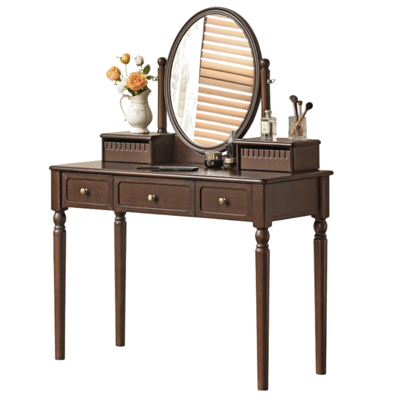 Black Walnut, Tulipwood Solid Wood Retro Style Vanity Table With Built-In Mirror