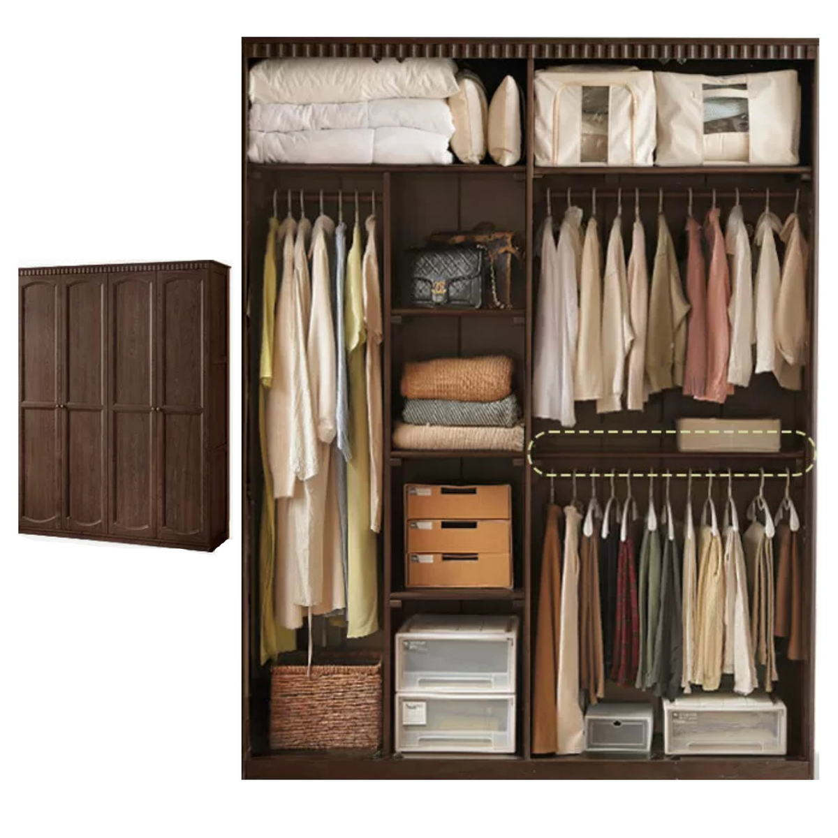 Ash Solid Wood Traditional 4-Door Armoire with Raised Panel Doors and Crown Molding