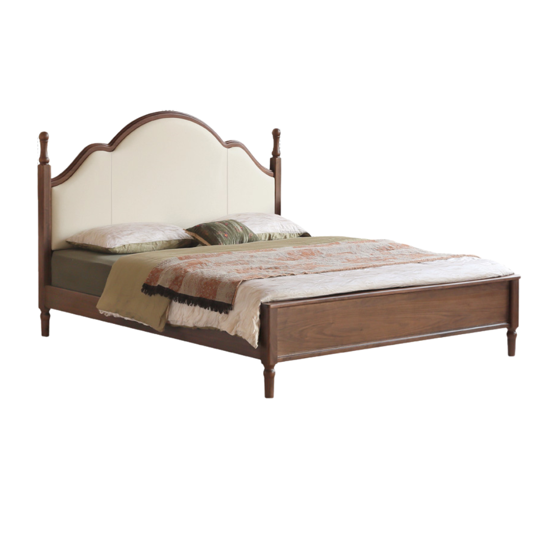 Black Walnut, Poplar Solid Wood Double Bed with Soft Backrest, Retro American Style