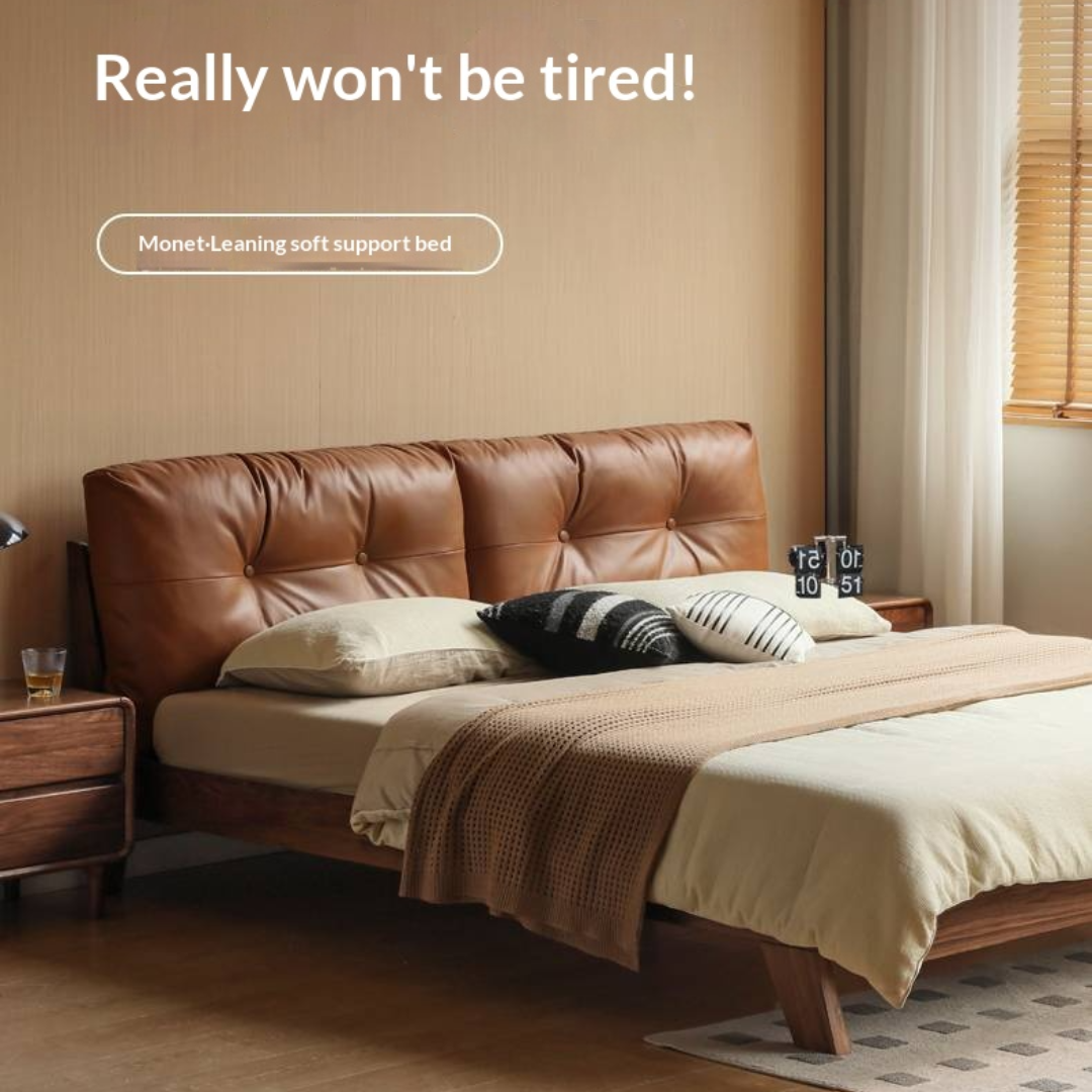 Black Walnut Solid Wood Bed with Top Genuine Leather Upholstery and Nordic High Headboard