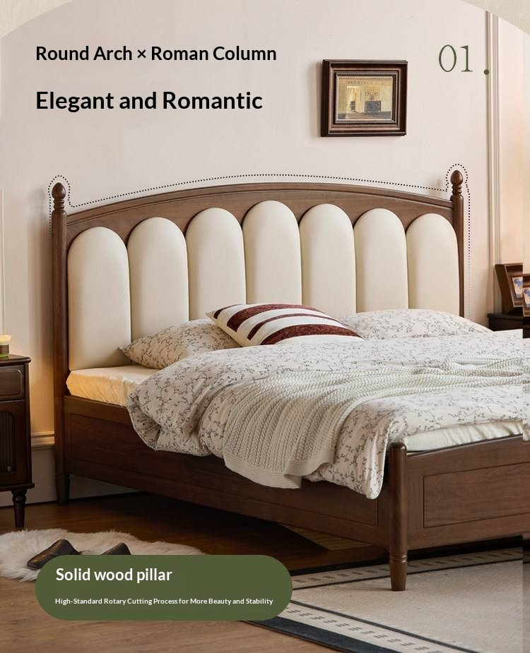 Black Walnut Solid Wood Box Bed — French Retro Style with Genuine Leather and Piano Key Design