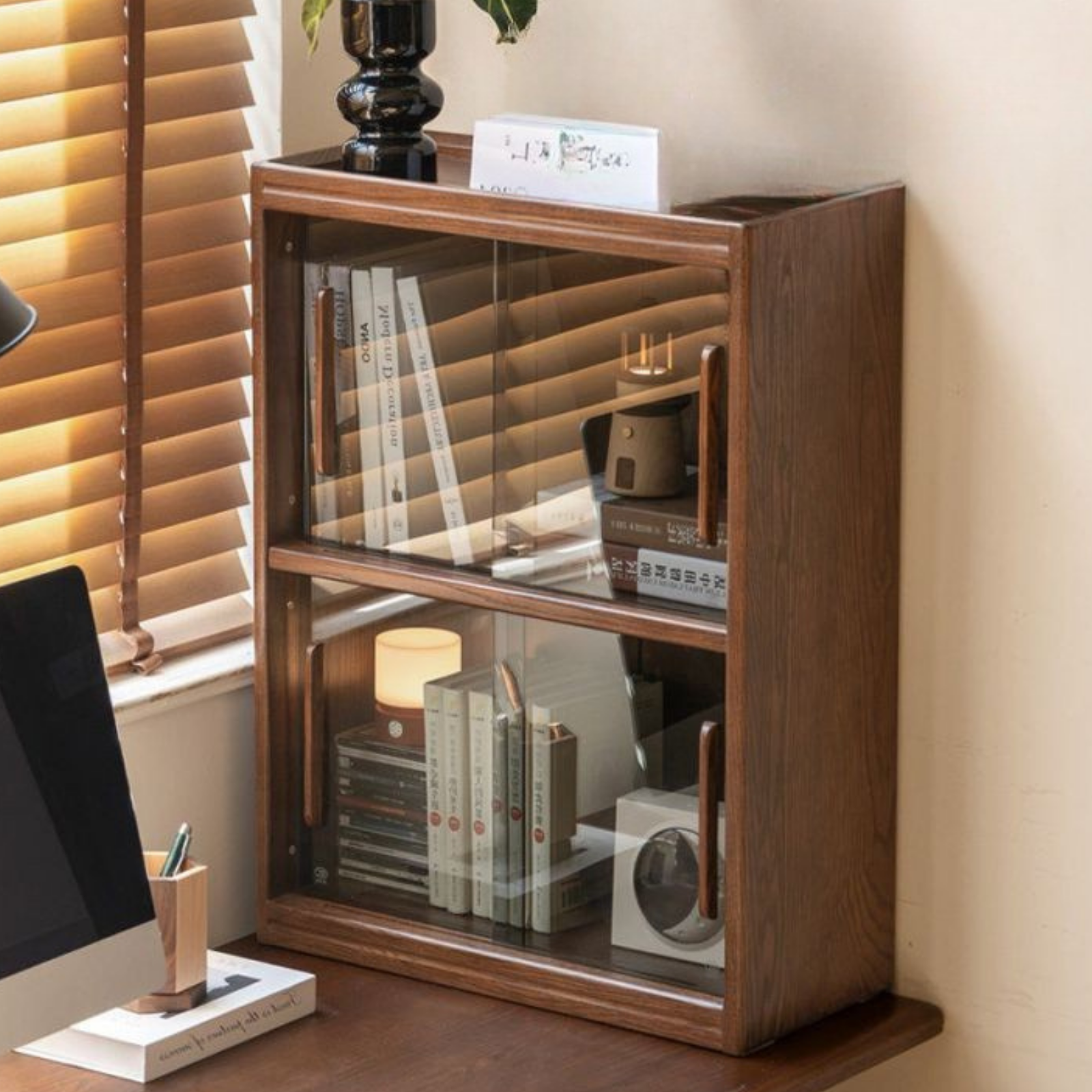 Oak Solid Wood Low Bookcase and Storage Cabinet