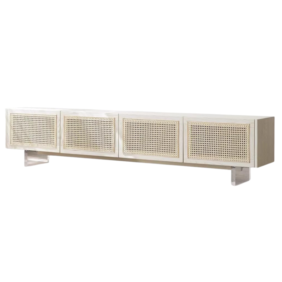 Ash Solid Wood Rattan TV Cabinet Cream Style LED Lights.