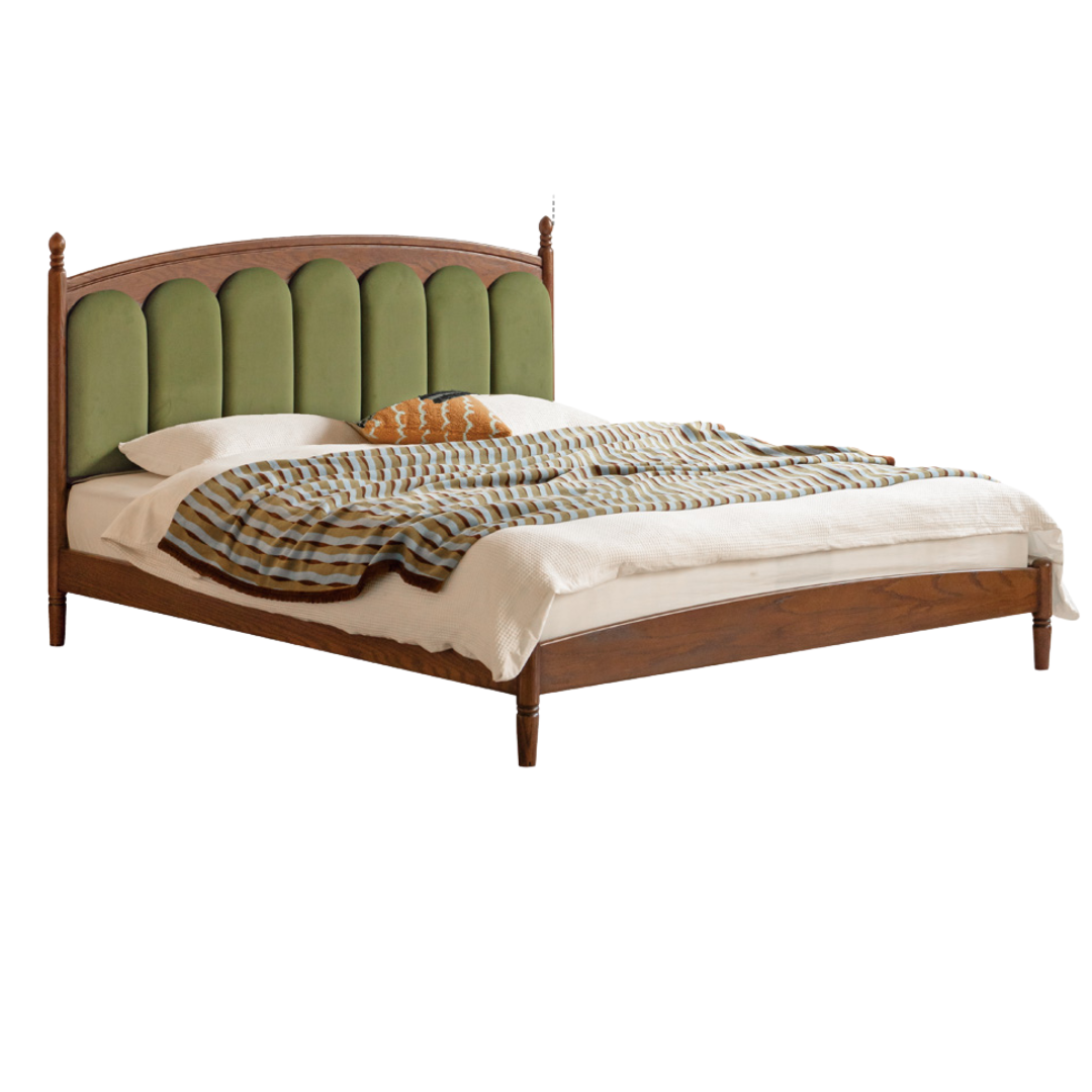 Black Walnut, Oak Solid Wood French Style Leather Bed with Retro Soft Headboard
