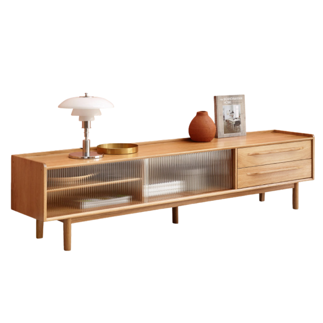 Oak Solid Wood TV Stand Sliding Door.
