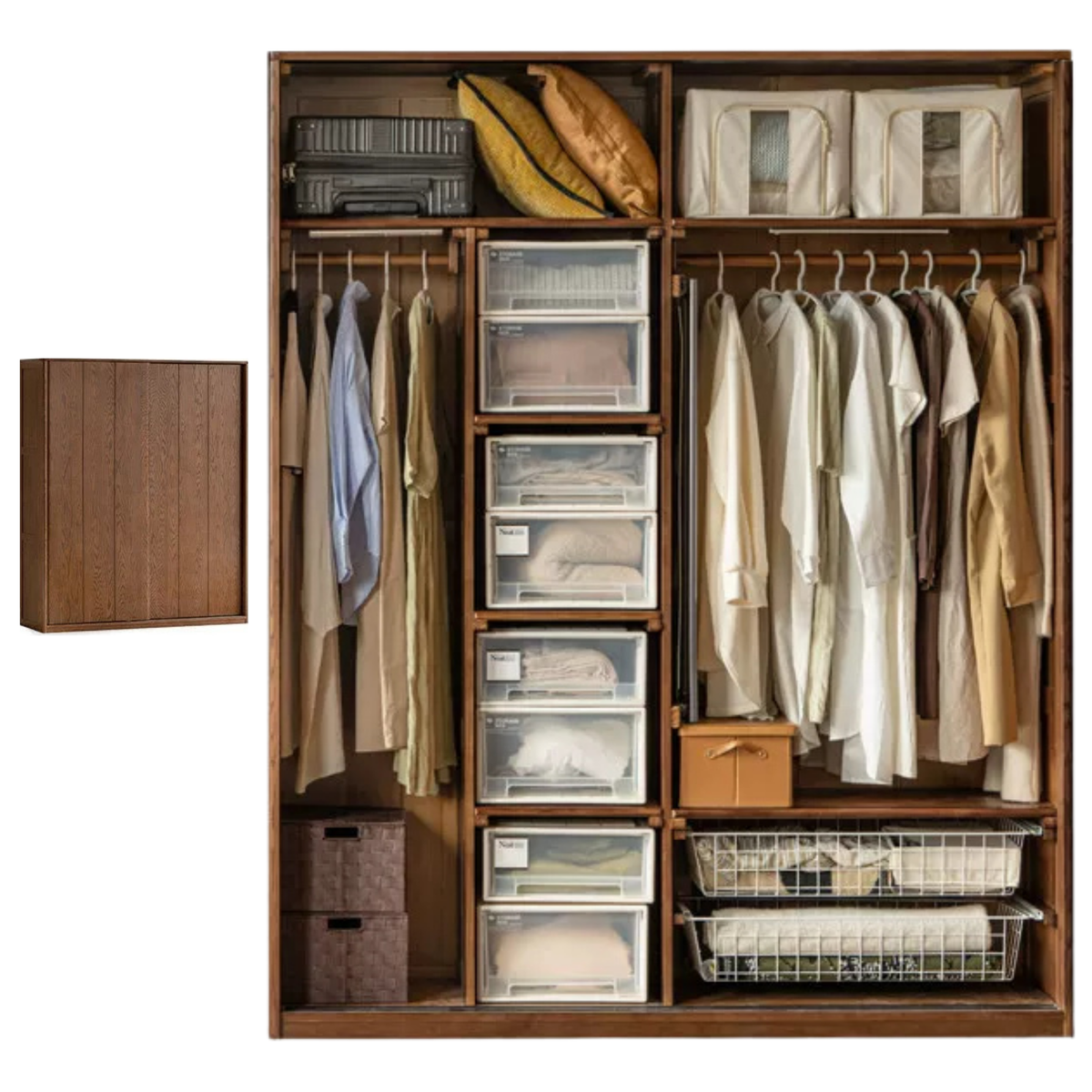 Oak Solid Wood Modern Wardrobe with Hybrid Hinged and Sliding Door Layout