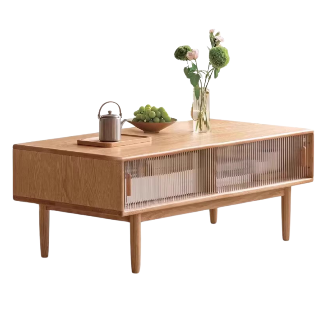 Oak, Beech, Solid Rubberwood Glass Doors Coffee Table