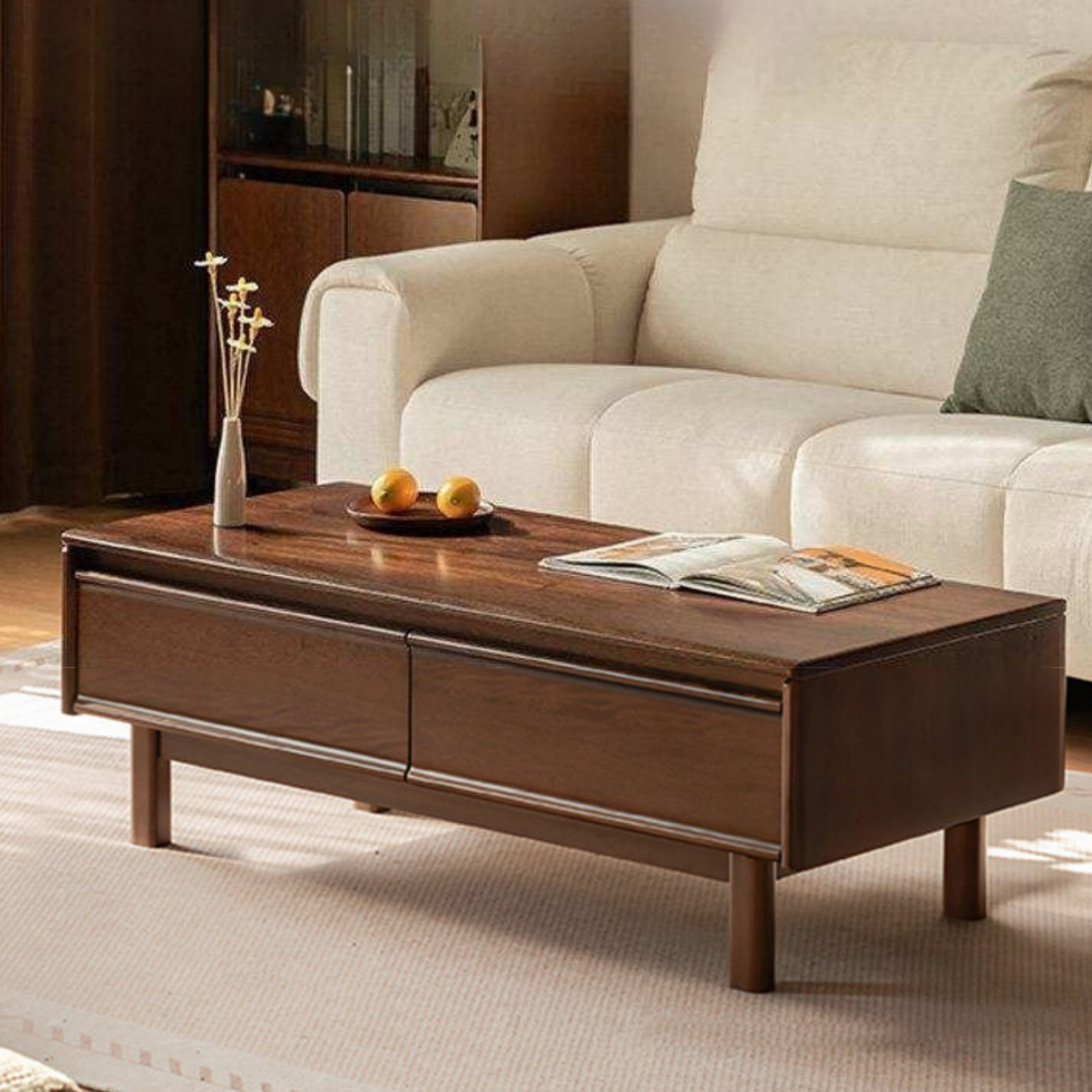 Solid Longan Hardwood Rectangular Coffee Table with Storage