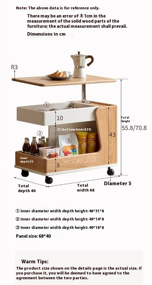 Oak Solid Wood Liftable Rotating Mobile Side Table