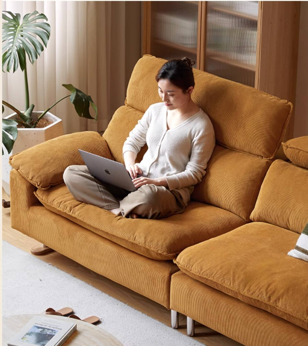 High-Back Corduroy Fabric Sofa with Removable Cover