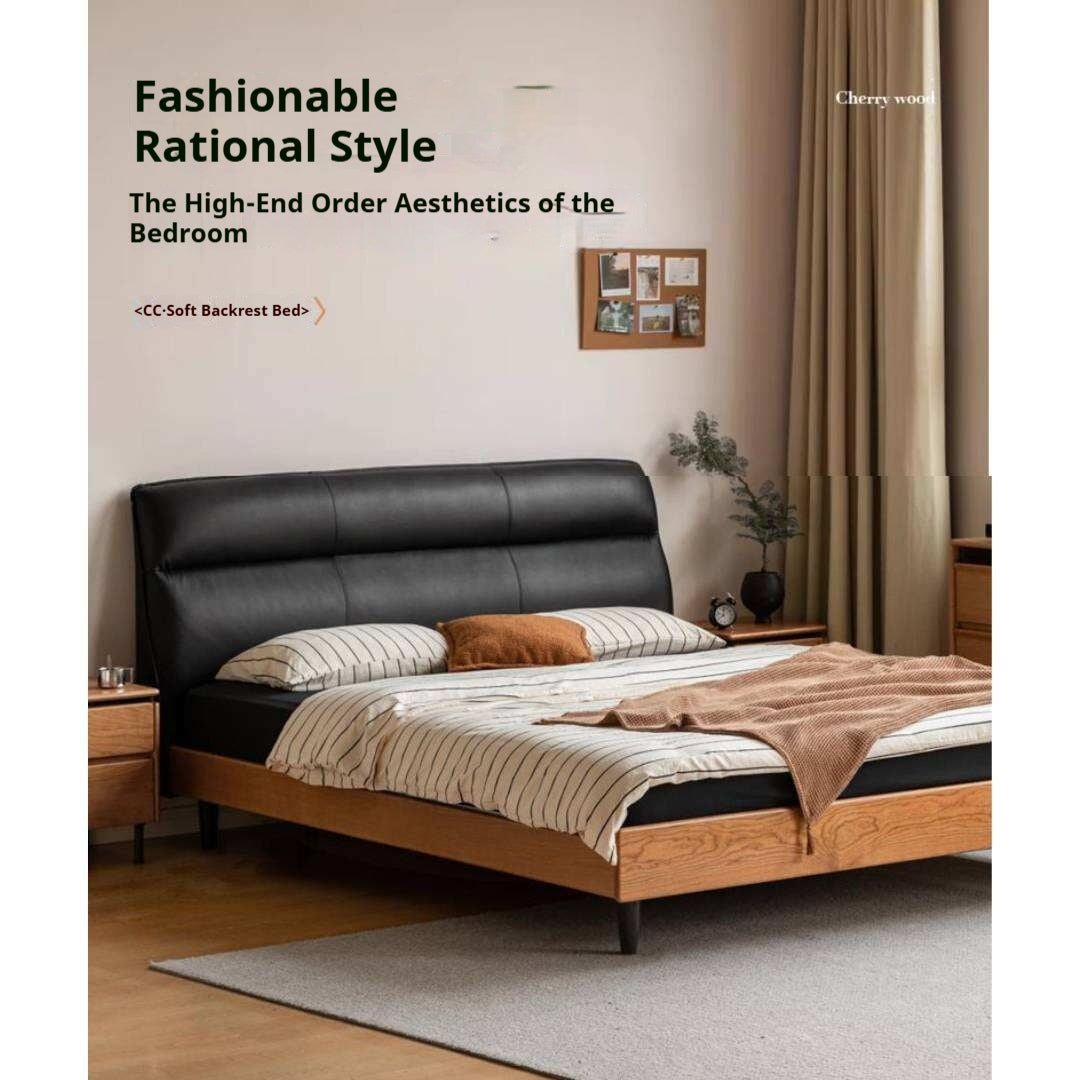 Cherry Solid Wood Genuine Leather Curved Upholstered Headboard Platform Bed