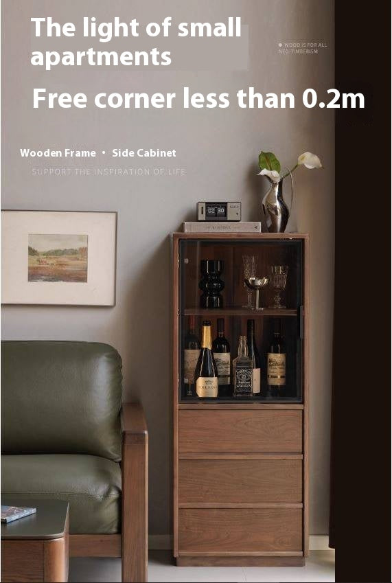 Black Walnut, Ash Solid Wood Side Cabinet With Light Display.