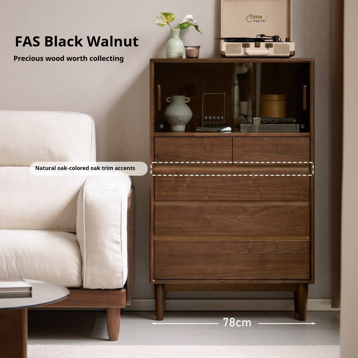 Black Walnut Solid Wood Italian Light Luxury Side Cabinet.