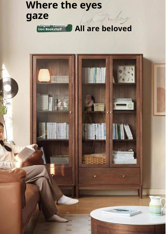Black Walnut Solid Wood Bookcase With Glass Door