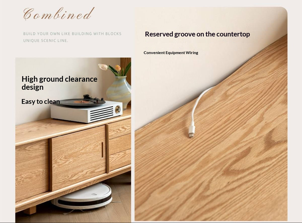 Oak Solid Wood TV Console with Ribbed Sliding Doors and Open Shelving