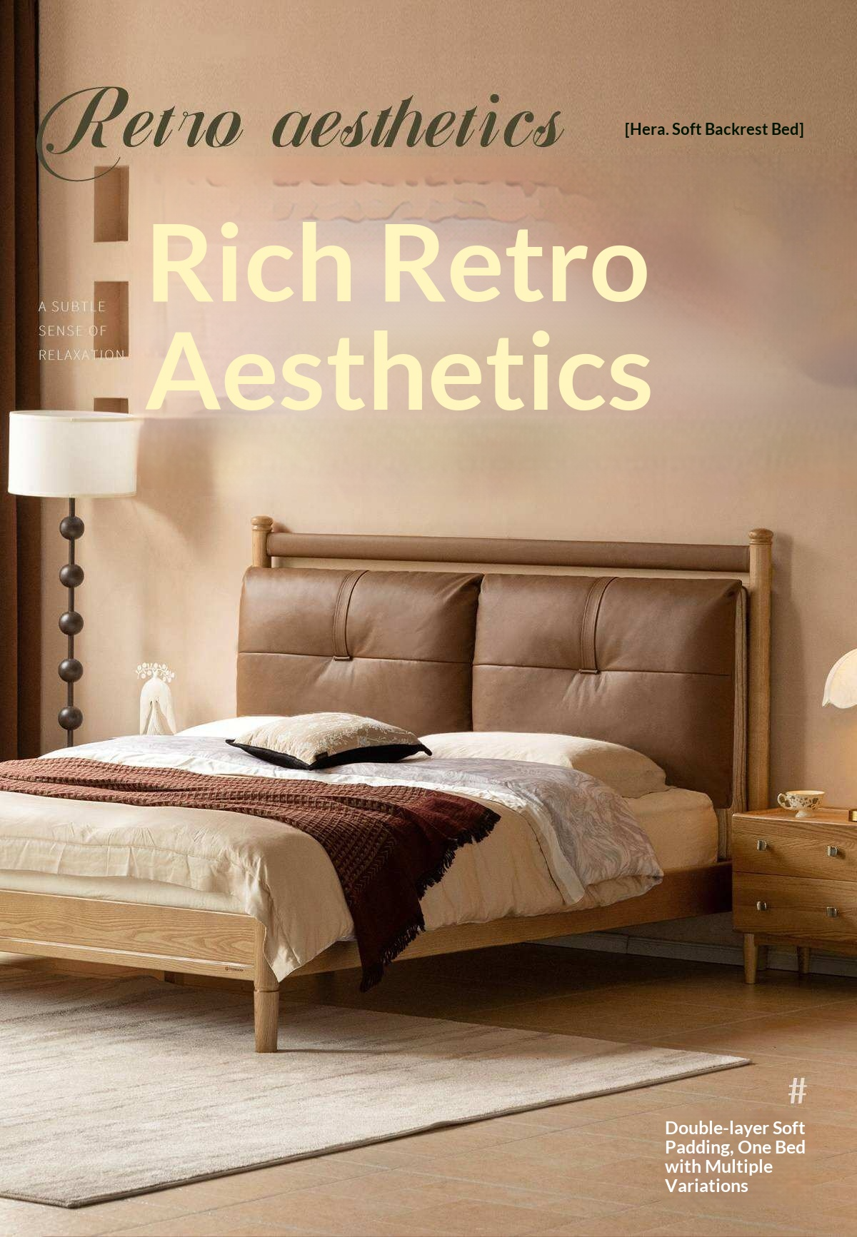 Ash Solid Wood Bed with Plush Genuine Leather Cushioned Headboard