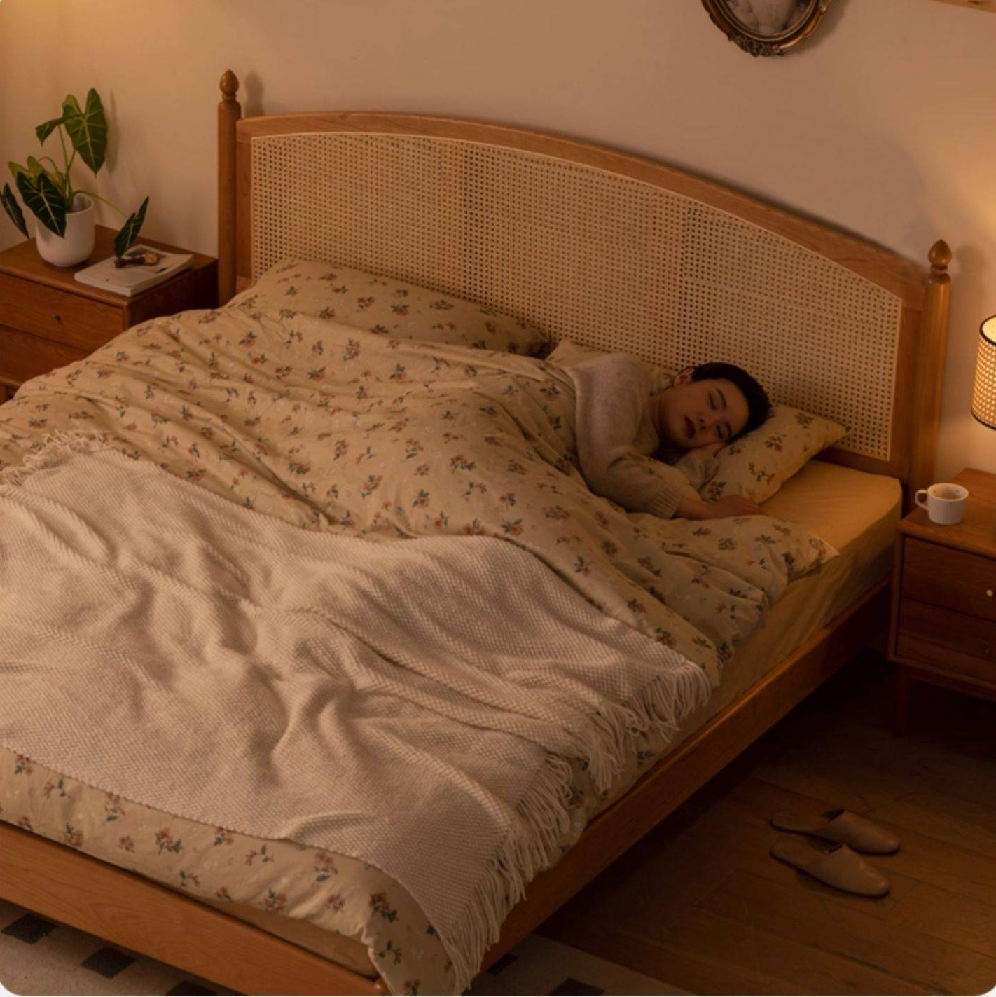 Cherry Solid Wood Rattan Bed Retro