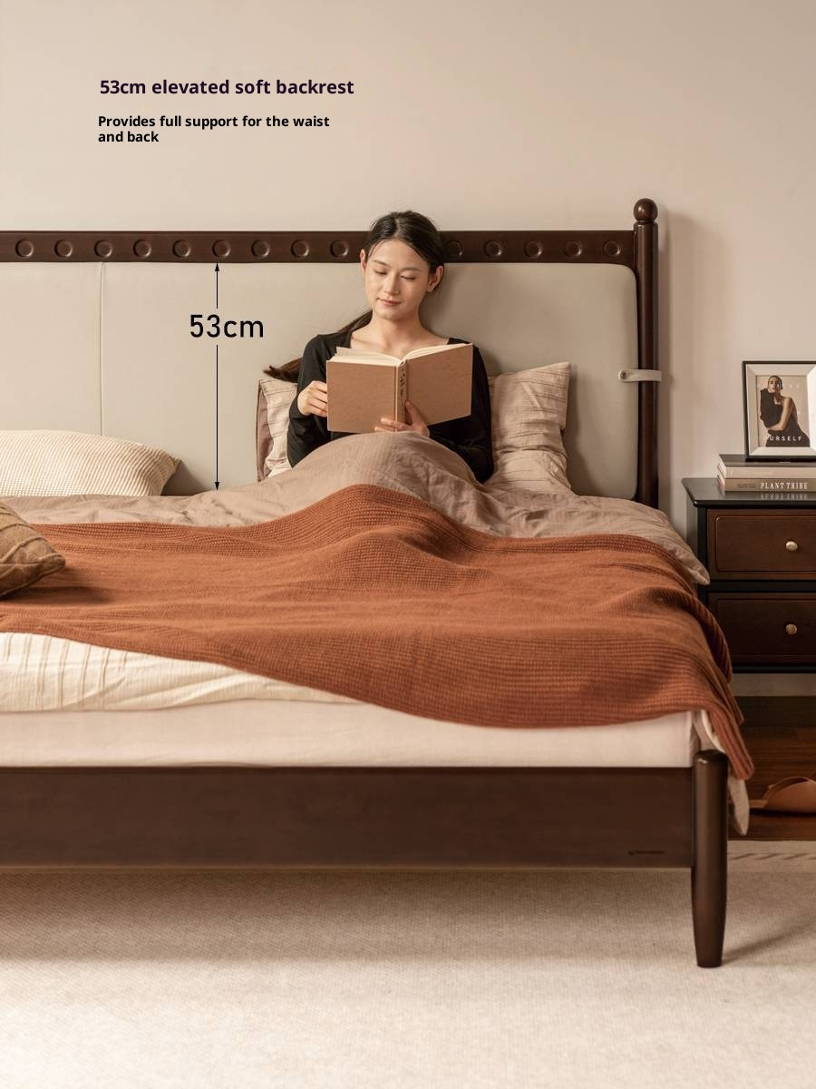 Poplar Solid Wood Genuine Leather Soft Backrest Bed Retro Vintage