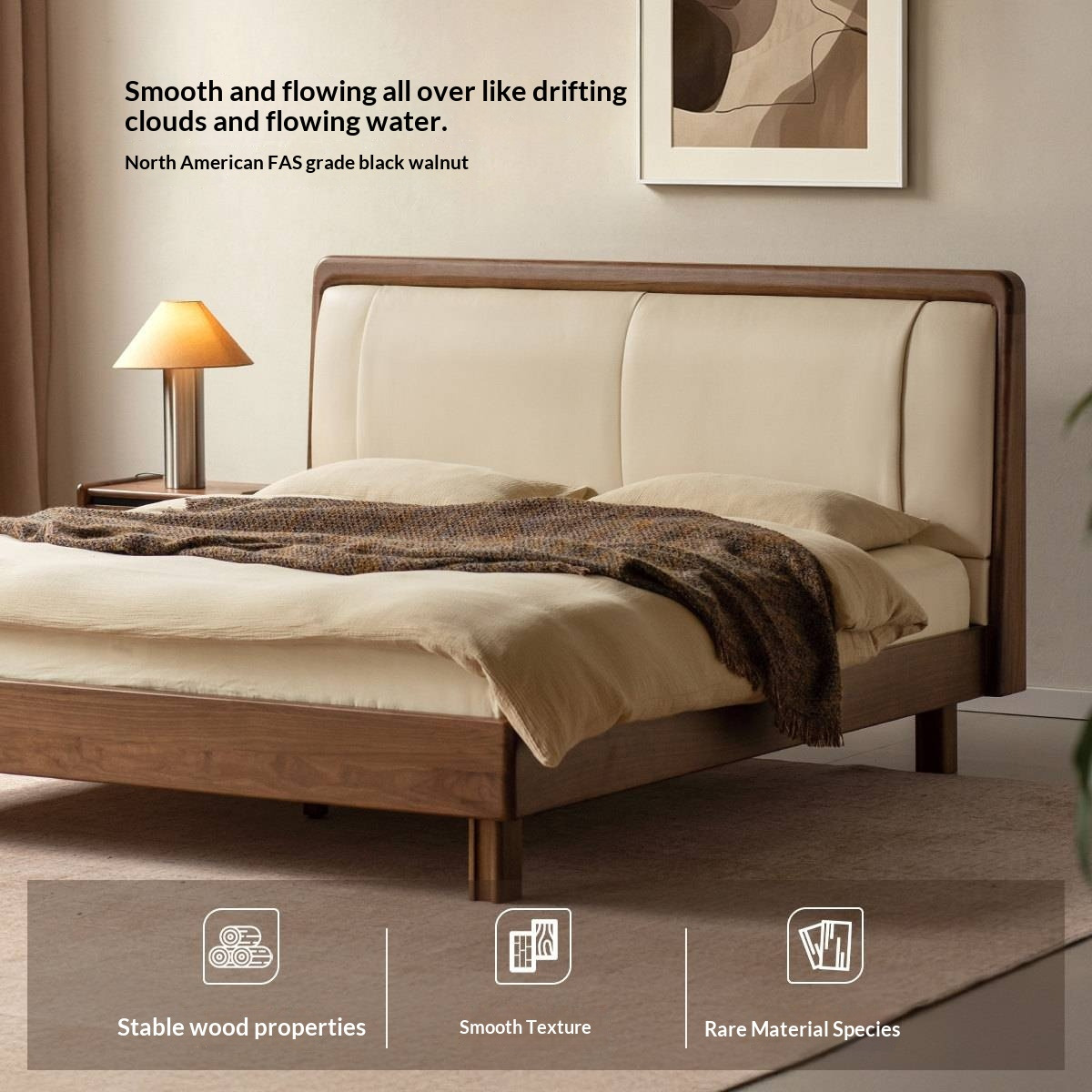 Black Walnut Solid Wood Italian Genuine Leather Bed with Down-Filled Upholstered Headboard
