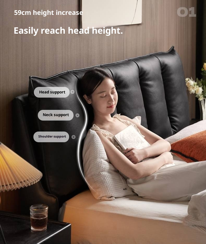 Genuine Leather Black Light Luxury Box Bed