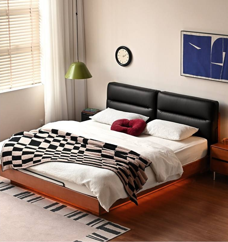 Poplar Solid Wood Box Bed — Upholstered Floating Bed with Bauhaus Style