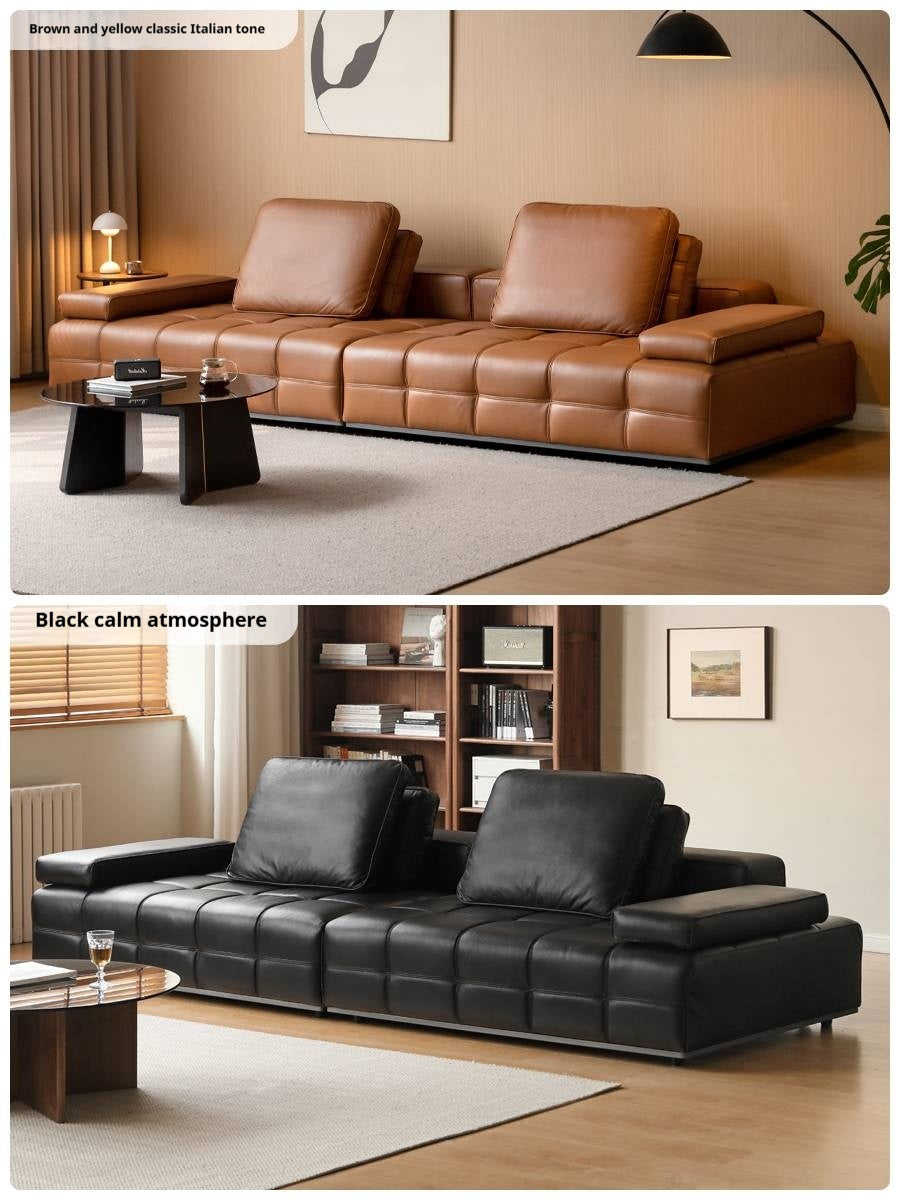 Leather Sofa Italian Black Straight Head Layer Yellow Cowhide.