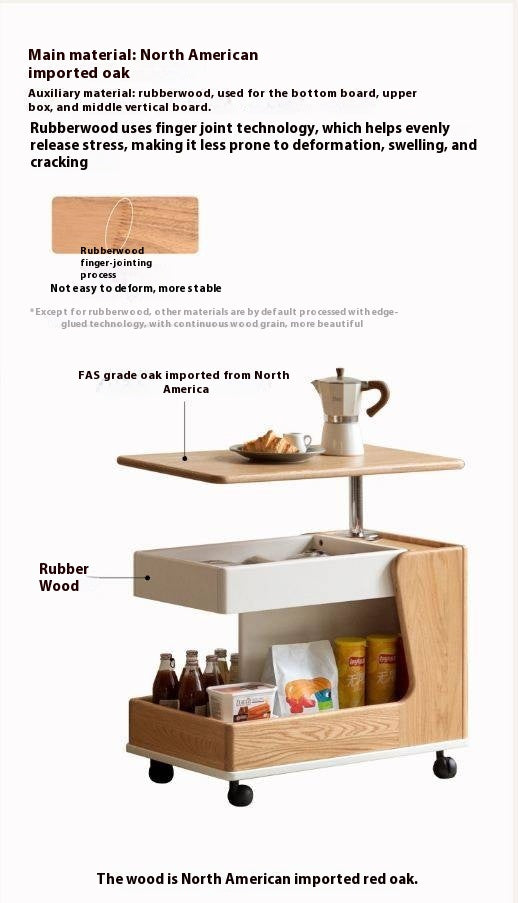 Oak Solid Wood Liftable Rotating Mobile Side Table